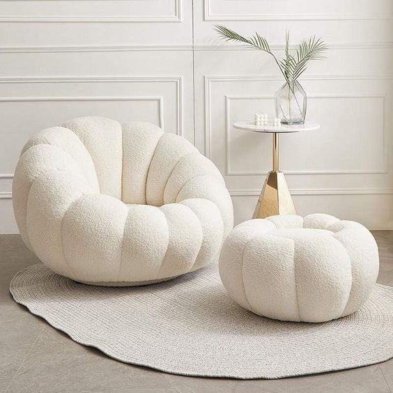 Fleece White Pumpkin Sofa Chair with Footstool